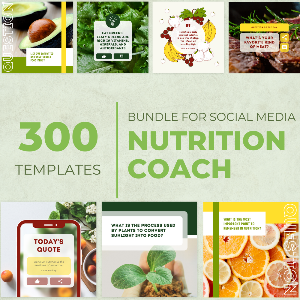 300 Nutrition Coach Templates for social media. Attract more clients, boost your online presence, and inspire your audience to engage with your brand and achieve their wellness goals.