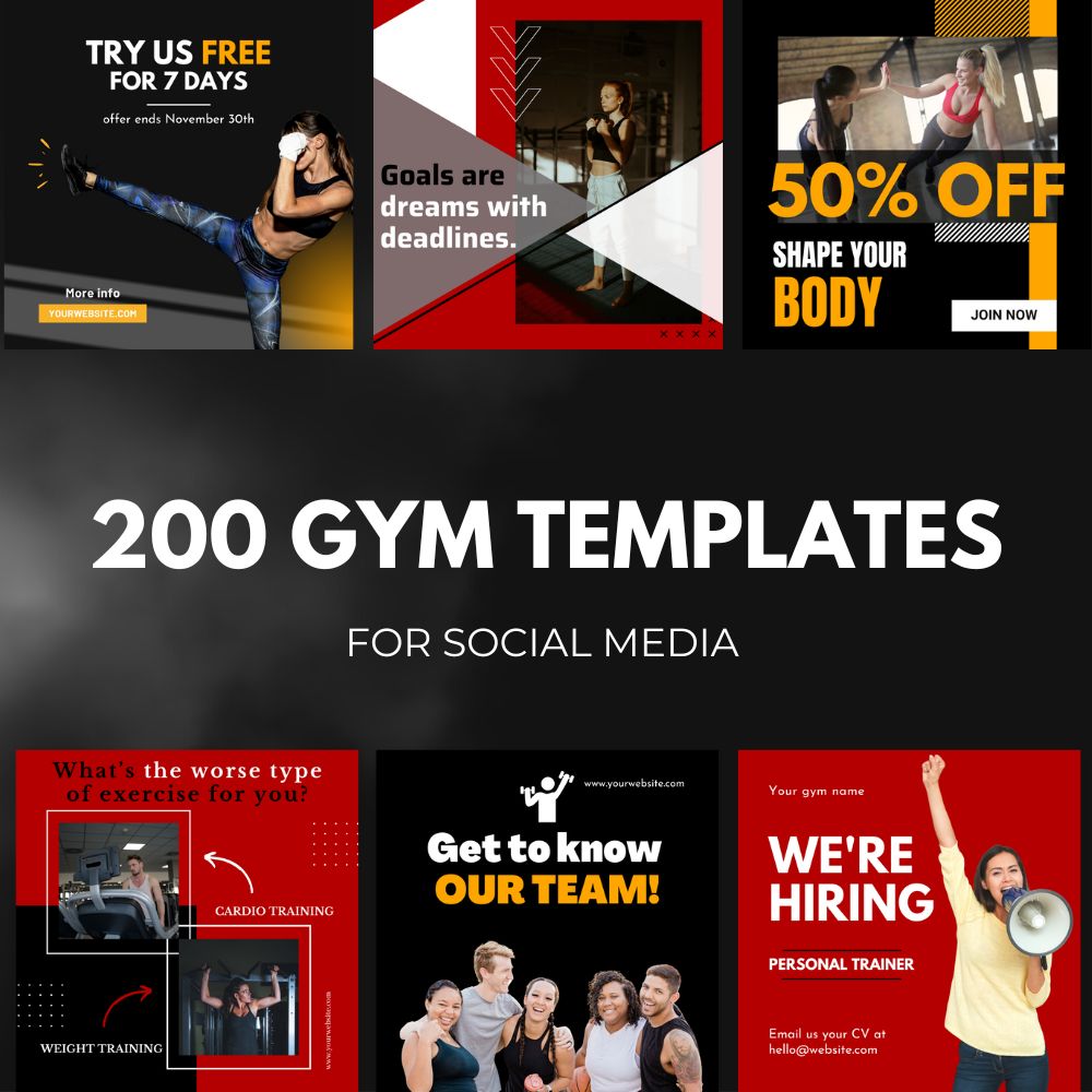 200 ready-made Canva templates for the fitness industry.